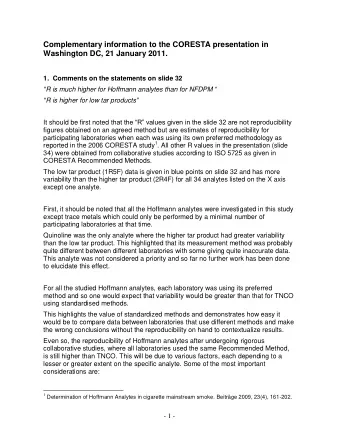 Complementary information to the CORESTA presentation in  Washington DC, 21 January 2011.  1.