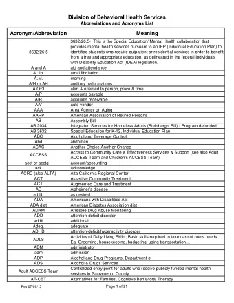 Division of Behavioral Health Services  Abbreviations and Acronyms List  Acronym/Abbreviation