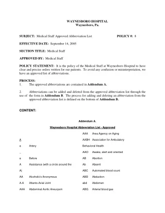 WAYNESBORO HOSPITAL  Waynesboro, Pa. SUBJECT: Medical Staff Approved Abbreviation List POLICY #: 8
