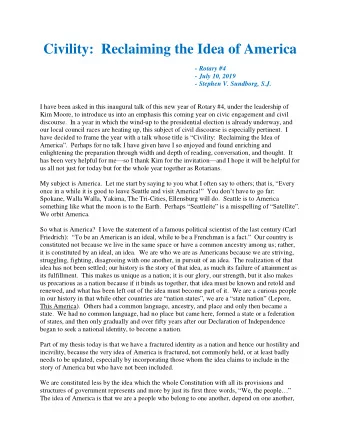 Civility:  Reclaiming the Idea of America  - Rotary #4  - July 10, 2019  - Stephen V. Sundborg,