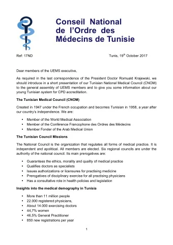Conseil National de lOrdre des Mdecins de Tunisie   Tunis, 19 th October 2017  Ref: 17ND