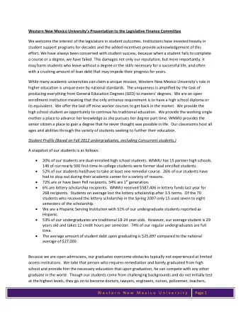 Western New Mexico Universitys Presentation to the Legislative Finance Committee  We welcome the