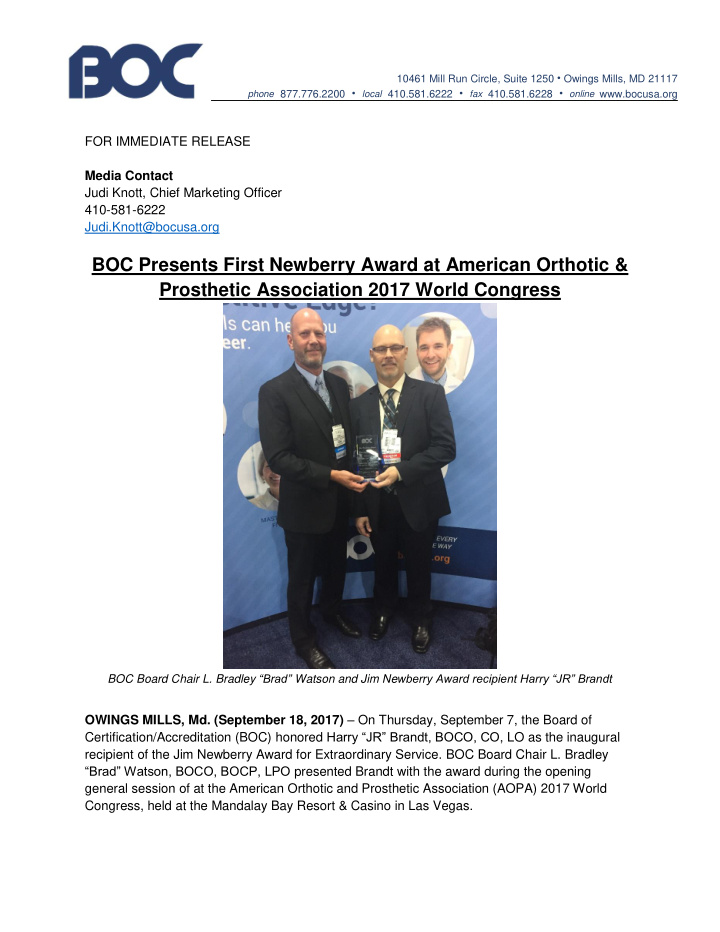 boc presents first newberry award at american orthotic