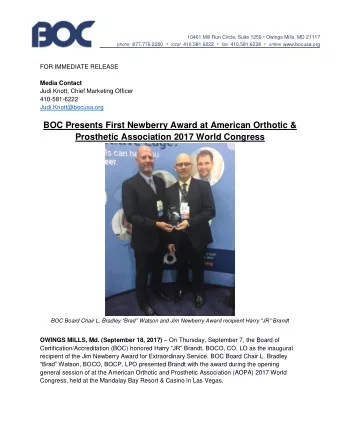 BOC Presents First Newberry Award at American Orthotic &amp;  Prosthetic Association 2017 World