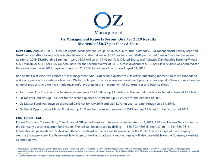 oz management reports second quarter 2019 results