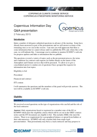 Copernicus Information Day  Q&amp;A presentation  2 February 2015  Introduction  Quite a number of