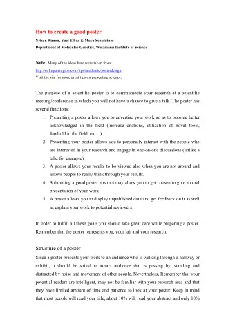 How to create a good poster  Nitzan Rimon, Yael Elbaz &amp; Maya Schuldiner  Department of