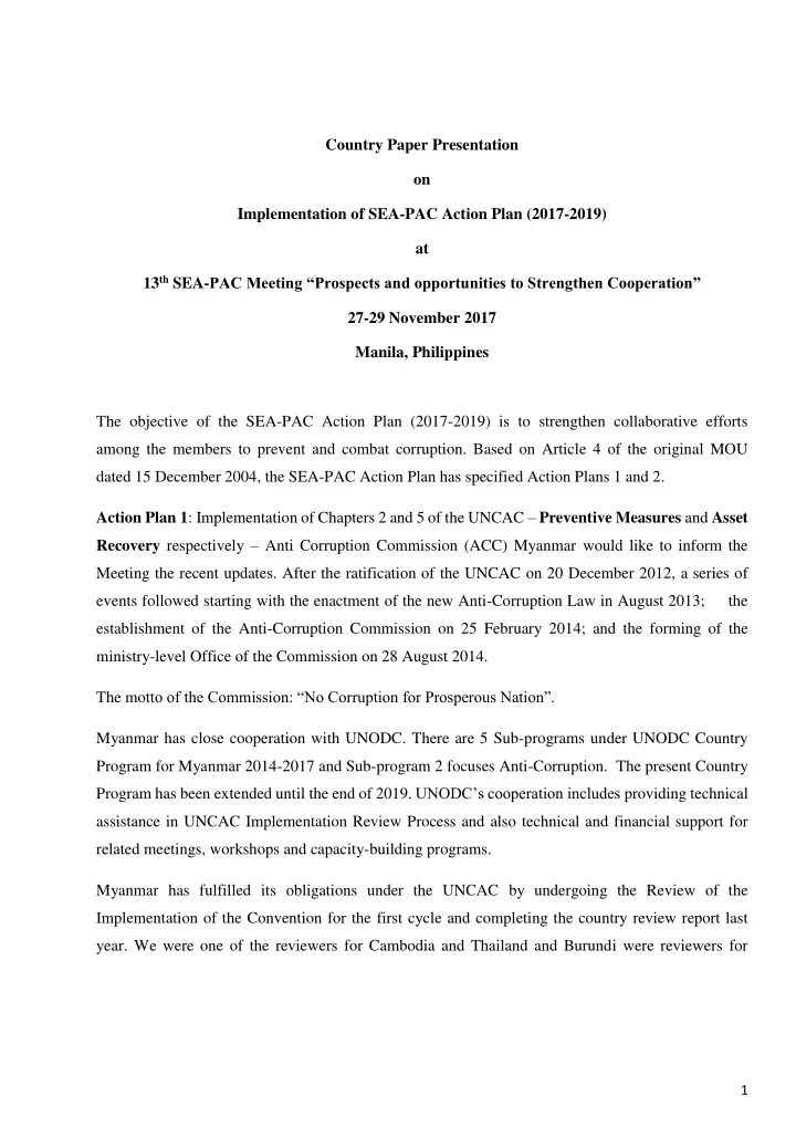 country paper presentation on implementation of sea pac