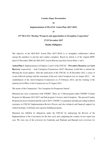 Country Paper Presentation  on  Implementation of SEA-PAC Action Plan (2017-2019)  at 13 th SEA-