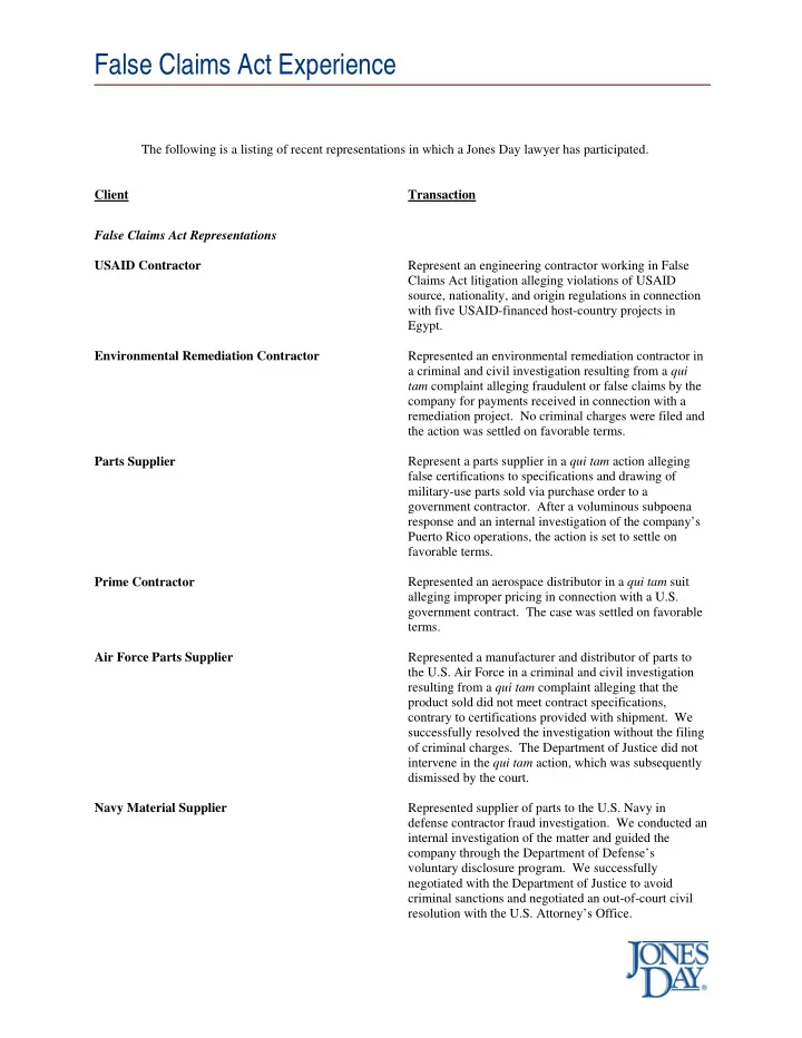 false claims act experience