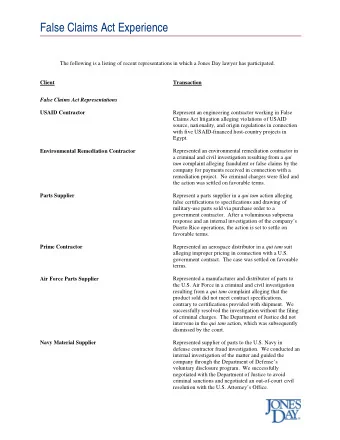 False Claims Act Experience  The following is a listing of recent representations in which a Jones