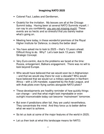 Imagining NATO 2025  Colonel Faut, Ladies and Gentlemen,  Grateful for the invitation.  My