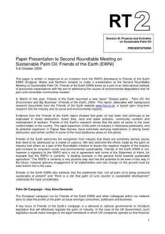 Paper Presentation to Second Roundtable Meeting on  Sustainable Palm Oil: Friends of the Earth