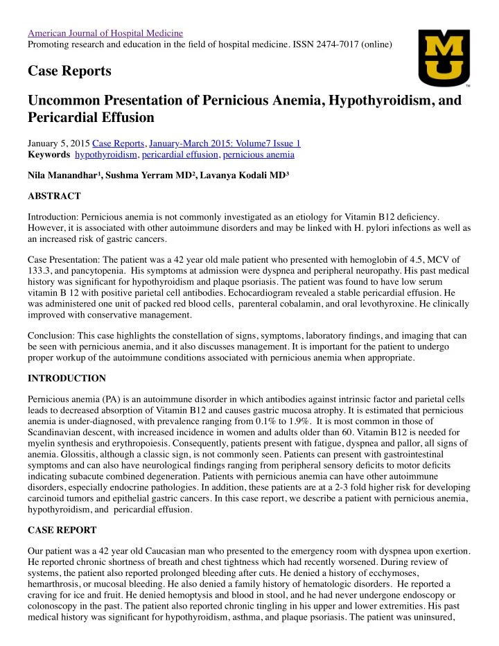 case reports uncommon presentation of pernicious anemia
