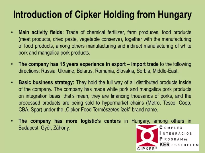 introduction of cipker holding from hungary