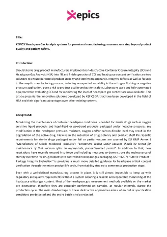 Title: XEPICS  Headspace Gas Analysis systems for parenteral manufacturing processes: one step