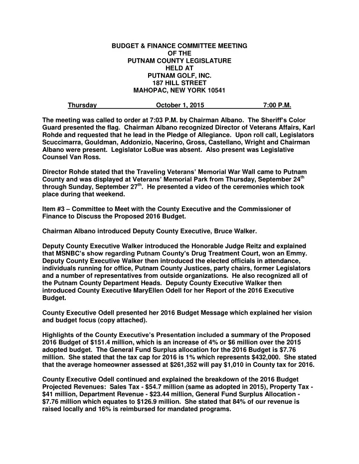 budget finance committee meeting of the putnam county