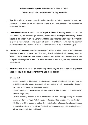 Presentation to the panel, Monday April 7, 12.50  1.00pm  Barbara Champion, Executive Director