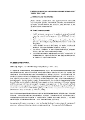 D GOODY PRESENTATION  EDITHBURGH PROGRESS ASSOCIATION   TUESDAY 8 MAY 2018.  AN ADDENDUM TO