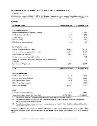 IRES IRISH RESIDENTIAL PROPERTIES REIT PLC RESULTS TO 31 DECEMBER 2017 Review 22 February 2018 23