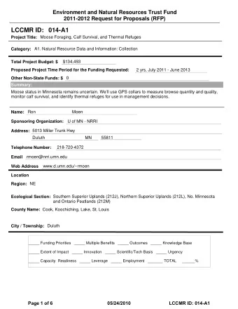 LCCMR ID: 014-A1  Project Title:  Moose Foraging, Calf Survival, and Thermal Refuges  Category: