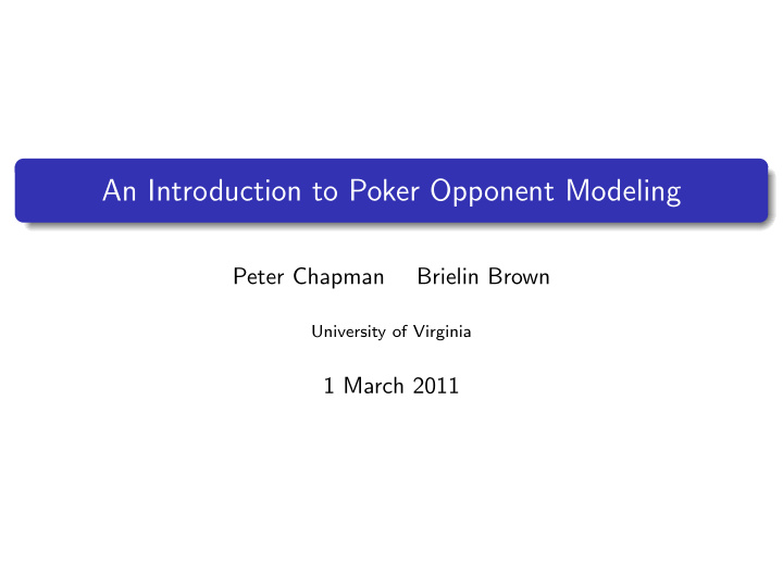 an introduction to poker opponent modeling