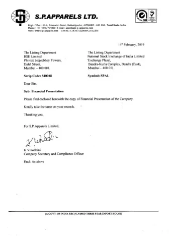 S.P.APPARELS LIMITED  INVESTOR PRESENTATION  Q3 &amp; 9M FY19 Results Update  February 2019