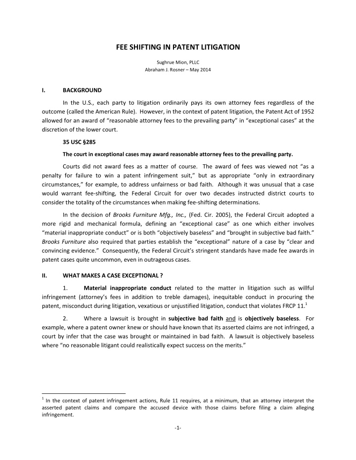 fee shifting in patent litigation