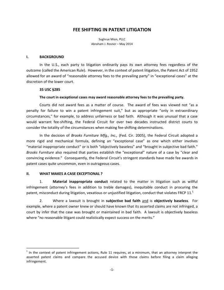 fee shifting in patent litigation