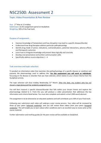NSC2500: Assessment 2  Topic: Video Presentation &amp; Peer Review Due: 2 nd May at 12 midday