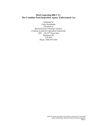 Brief respecting Bill C-27,  The Canadian Food Inspection Agency Enforcement Act  Submitted by