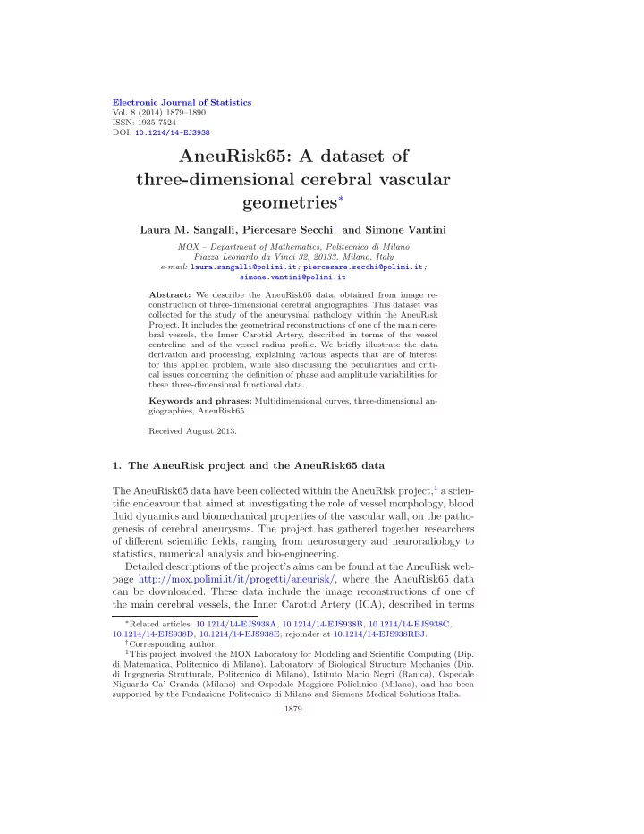 aneurisk65 a dataset of three dimensional cerebral