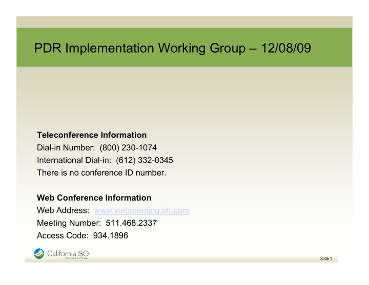 pdr implementation working group 12 08 09