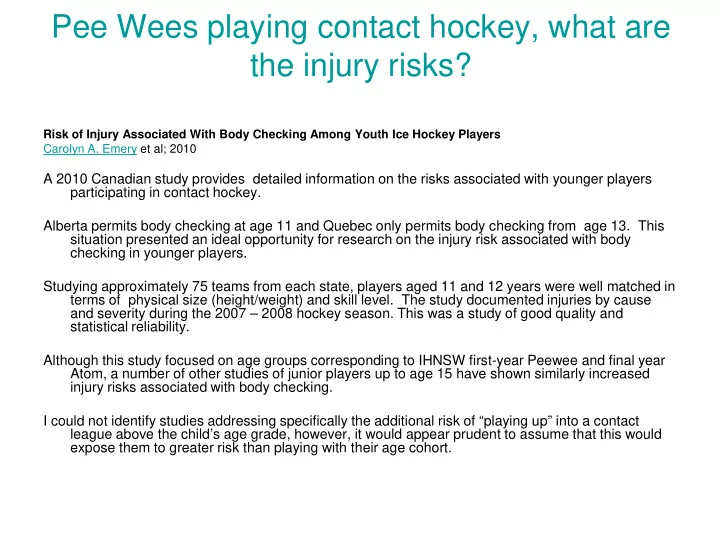 pee wees playing contact hockey what are the injury risks