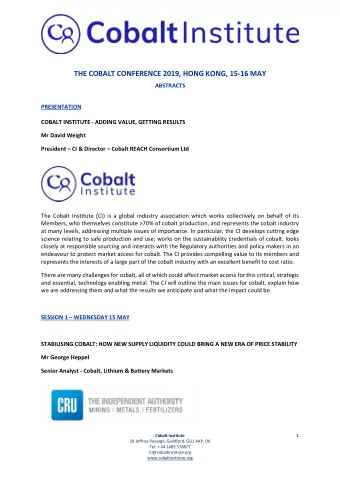 THE COBALT CONFERENCE 2019, HONG KONG, 15-16 MAY  ABSTRACTS  PRESENTATION  COBALT INSTITUTE -