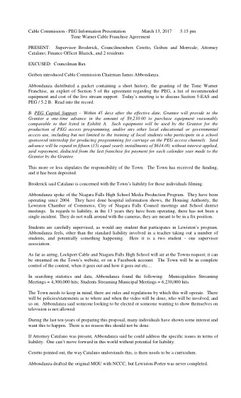 Cable Commission - PEG Information Presentation  March 13, 2017       5:15 pm  Time Warner Cable