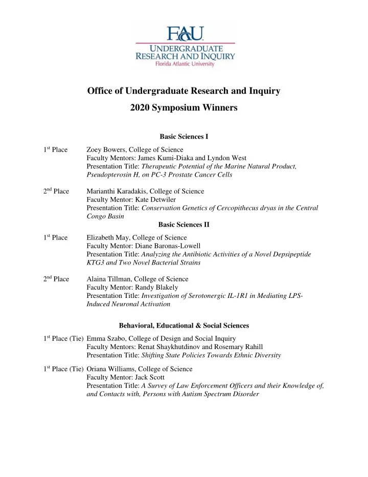 office of undergraduate research and inquiry 2020