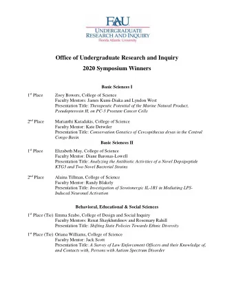 Office of Undergraduate Research and Inquiry  2020 Symposium Winners  Basic Sciences I 1 st Place