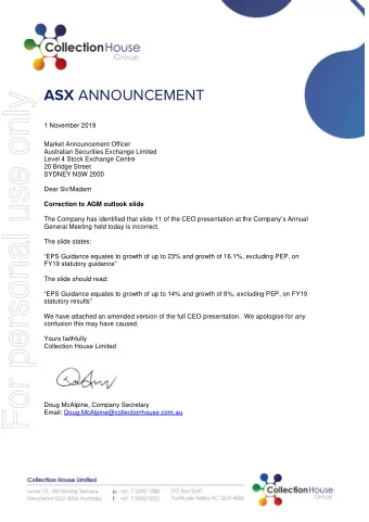 For personal use only  1 November 2019  Market Announcement Officer  Australian Securities Exchange