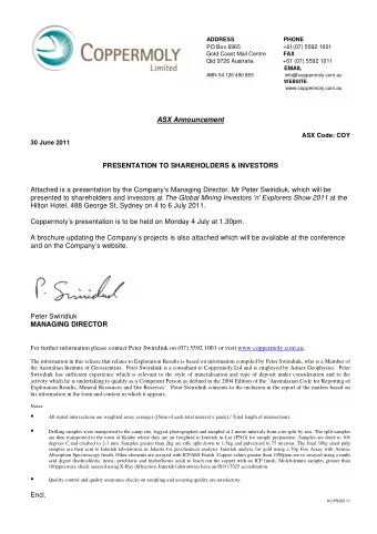 ABN 54 126 490 855                      info@coppermoly.com.au  WEBSITE  www.coppermoly.com.au  ASX