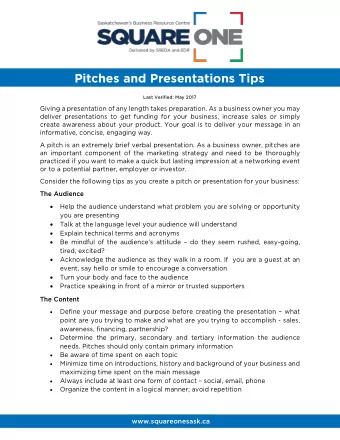 Pitches and Presentations Tips  Last V  Ver  erified  ed: May 20  2017  Giving a presentation of