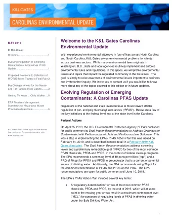 Welcome to the K&amp;L Gates Carolinas  MAY 2019  Environmental Update  In this issue:  With