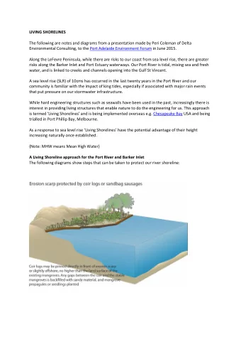 LIVING SHORELINES The following are notes and diagrams from a presentation made by Peri Coleman of