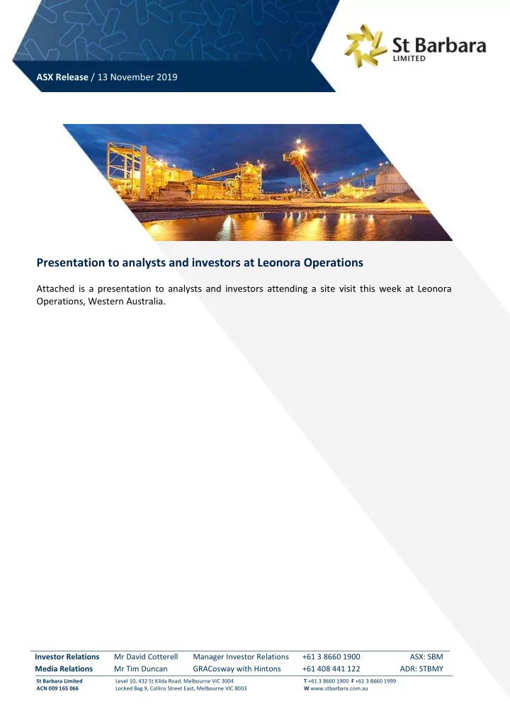 presentation to analysts and investors at leonora