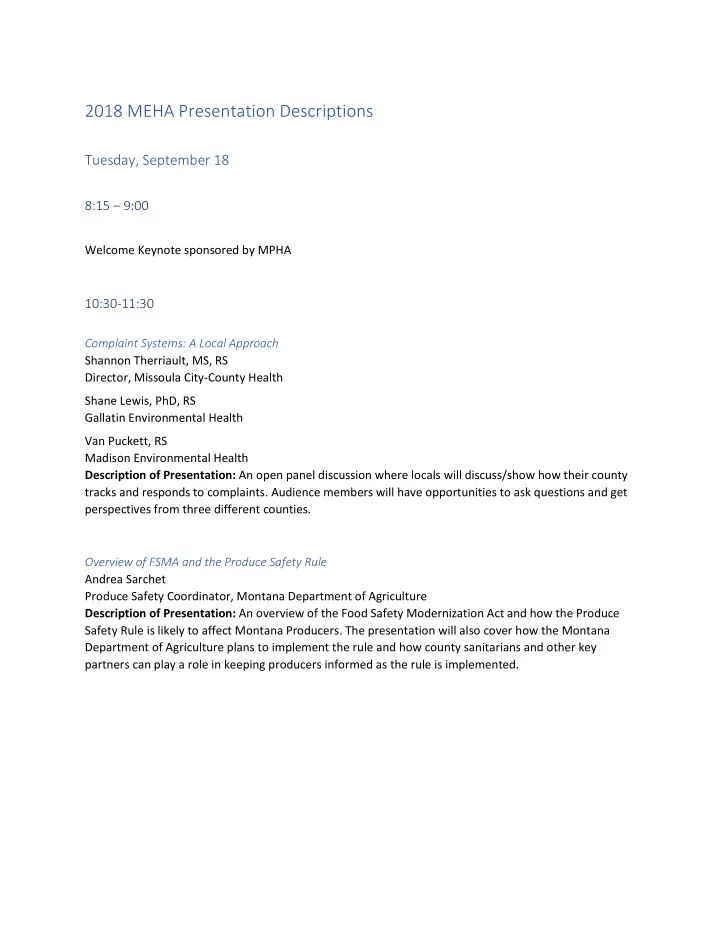 2018 meha presentation descriptions