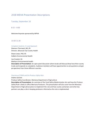 2018 MEHA Presentation Descriptions  Tuesday, September 18 8:15  9:00  Welcome Keynote sponsored