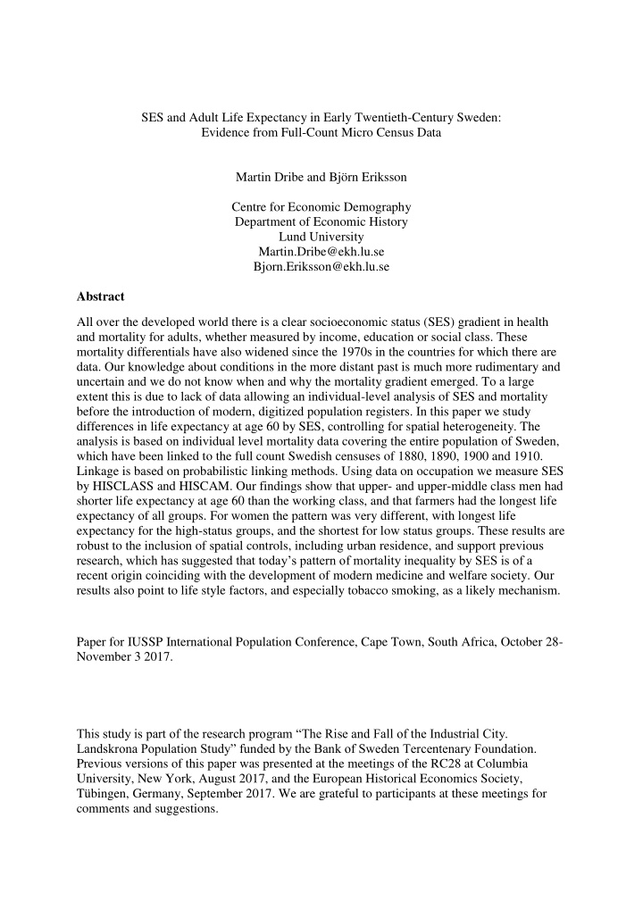 ses and adult life expectancy in early twentieth century