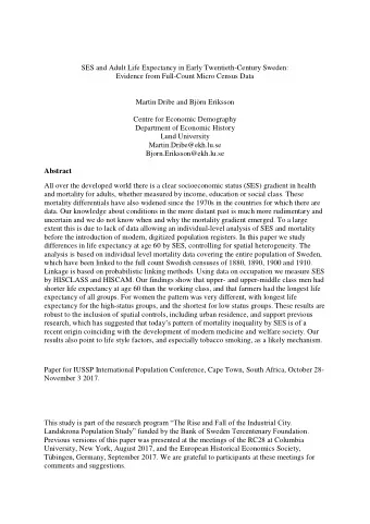 SES and Adult Life Expectancy in Early Twentieth-Century Sweden:  Evidence from Full-Count Micro