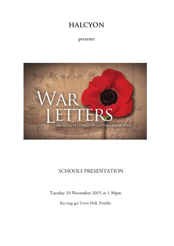 HALCYON  presents  SCHOOLS PRESENTATION  Tuesday 10 November 2015 at 1.30pm  Ku-ring-gai Town Hall,