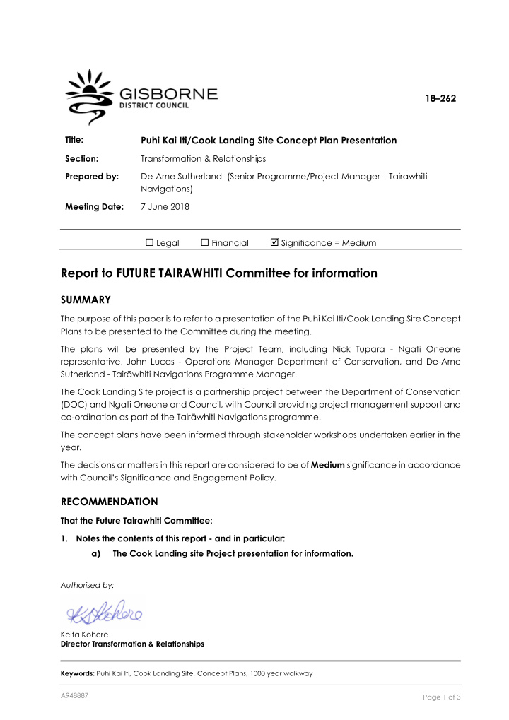 report to future tairawhiti committee for information